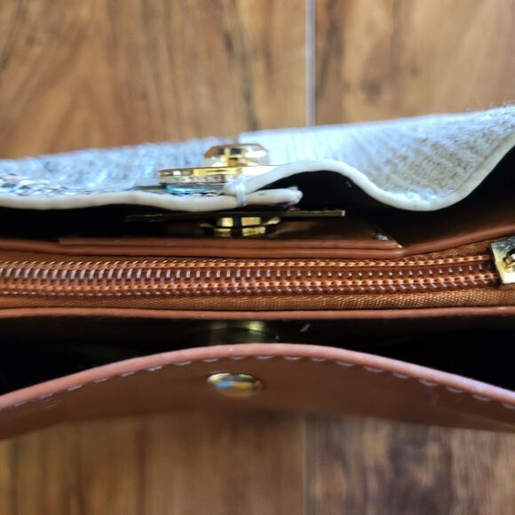 Womens Rattan Woven Crossbody Handbag Brown And Beige Shoulder Bag Small Bag - Picture 5 of 9